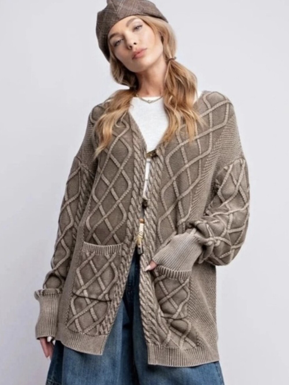 Easel Cable Knit Cardigan Sweater Brown Sunwashed Toggle Buttons Cotton Sz Small